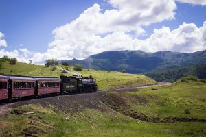 Cumbres and Toltec train headed through the San Juan mountains
