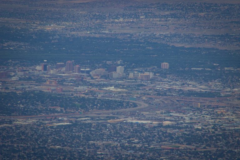 Close up view of downtown Albuquerque from Sandia Peak