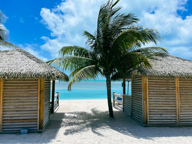 Beach cabanas in the Bahamas with palm tree