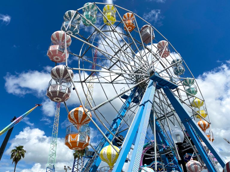 Ferris wheel at an amusement park with blue skies behind it.