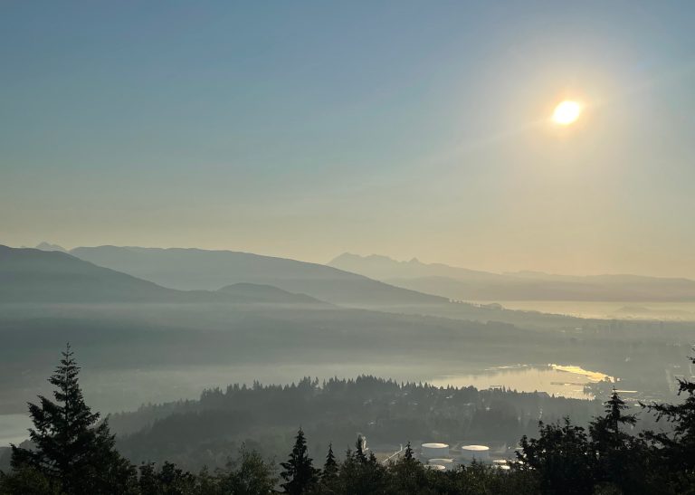 Hazy morning looking out over Burnaby, Port Moody, and Coquitlam, British Columbia, Canada