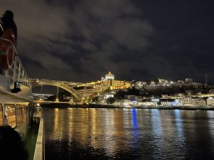 Castle on a hill at night in Porto, Portugal.