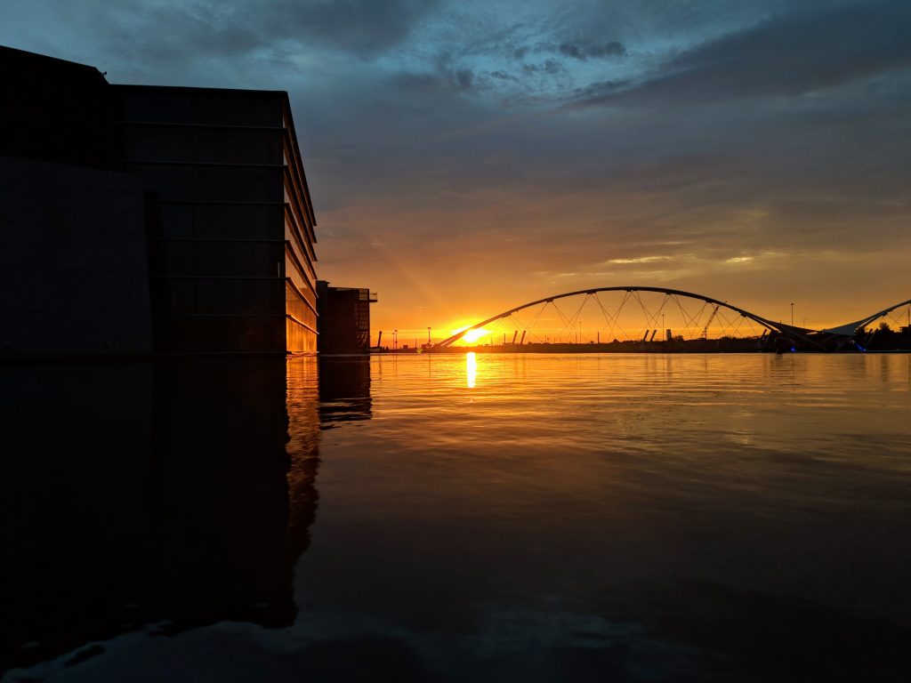 Sunset over reflecting pool at Tempe Center for the Arts in Tempe, Arizona, United States
