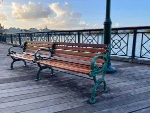 Park bench on a boardwalk