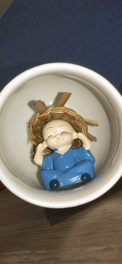 A small ceramic figurine of a smiling boy with closed eyes, wearing a blue outfit, is nestled inside a white bowl.
