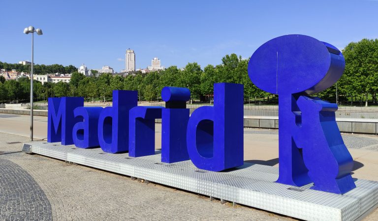 ‘Madrid Río’ river park with Plaza de Espa?a buildings in the background.