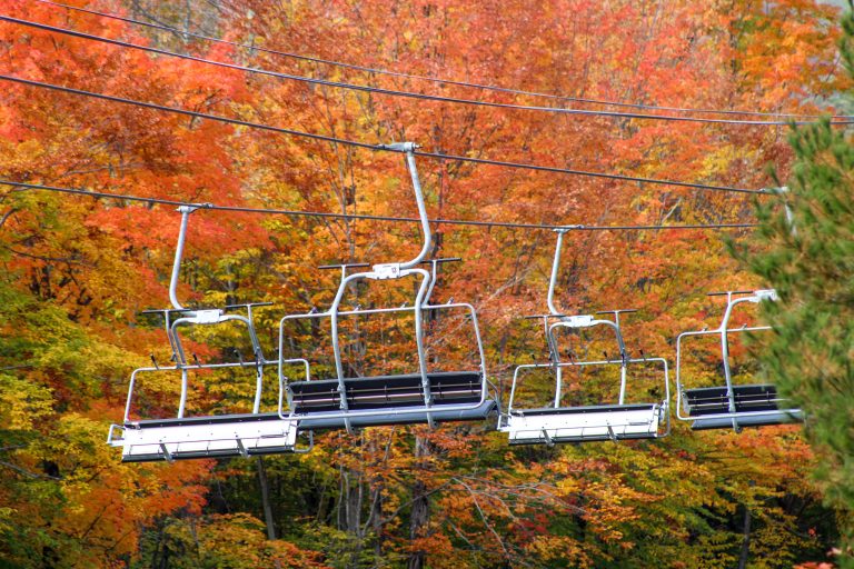 Ski lift chairs in autumn, Whiteface Mountain, Adirondack Park, New York, USA