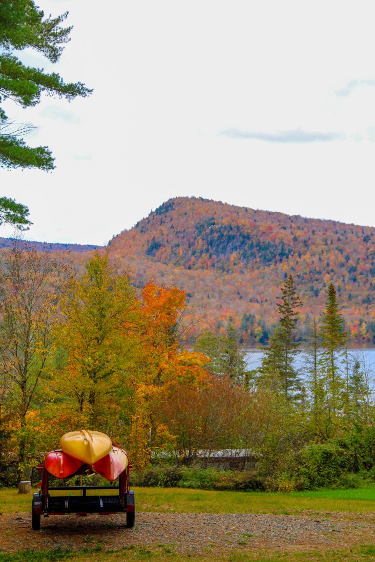 Canoes on a trailer in Adirondack Mountains near Lake Placid, New York, USA