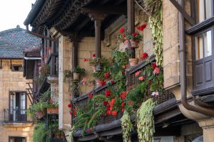 Photo of a wooden balcony of an old house filled with pots of colourful flowers.
