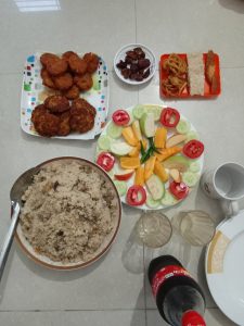 Mixed Dal & rice fried, Alo Chop, Date, Jalebi, Sweet, Biryani and cold drinks
