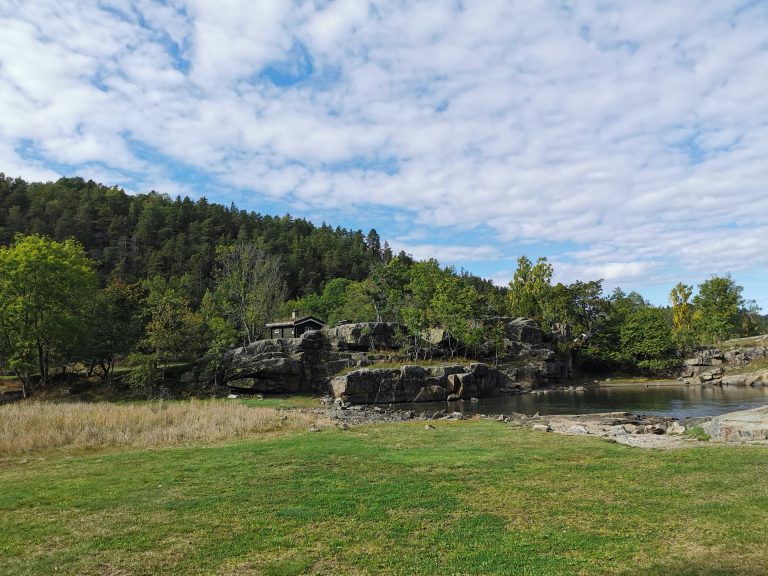 Grass, rocks, water, clouds and the sky.