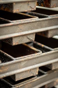 Bread baking trays at a bakery