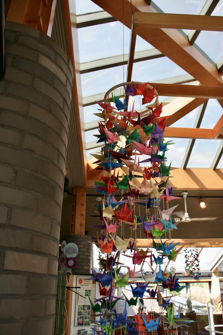 A colorful mobile of origami cranes from the 2015 Japanese Festival at the Missouri Botanical Garden