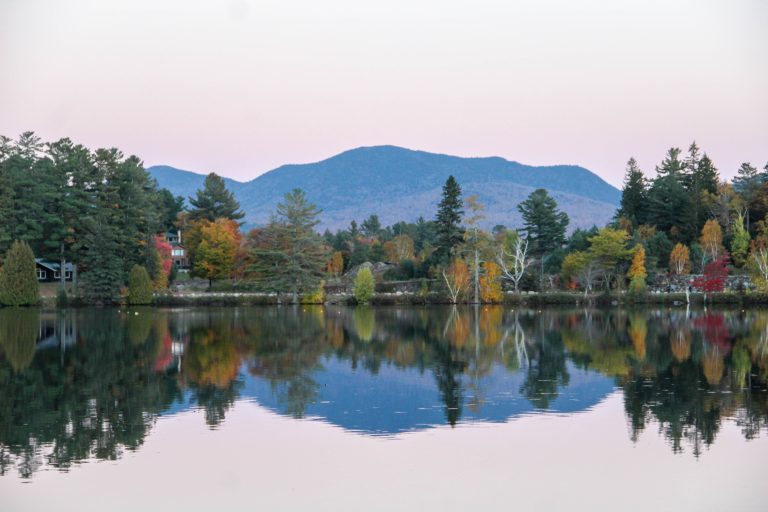 Mirror Lake, autumn at the town of Lake Placid, Adirondack Park, New York, USA