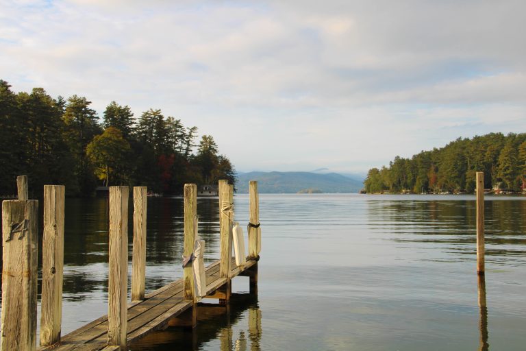 Pier on lake, Adirondack Mountains, New York, USA