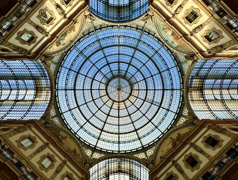 A view upwards to the glass dome of the “Galleria Vittorio Emanuele II” in Milan.