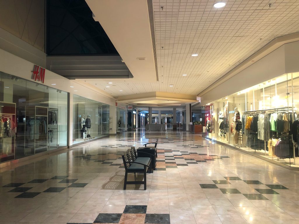 An empty shopping mall at night
