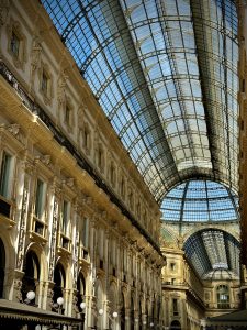 A view into the arcade of the “Galleria Vittorio Emanuele II” in Milan from the south entrance.
