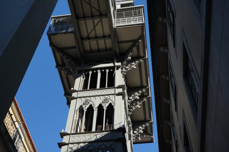 A geometric photo of the Santa Justa elevator in Lisbon.