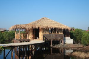 A cottage made with bamboo and wood