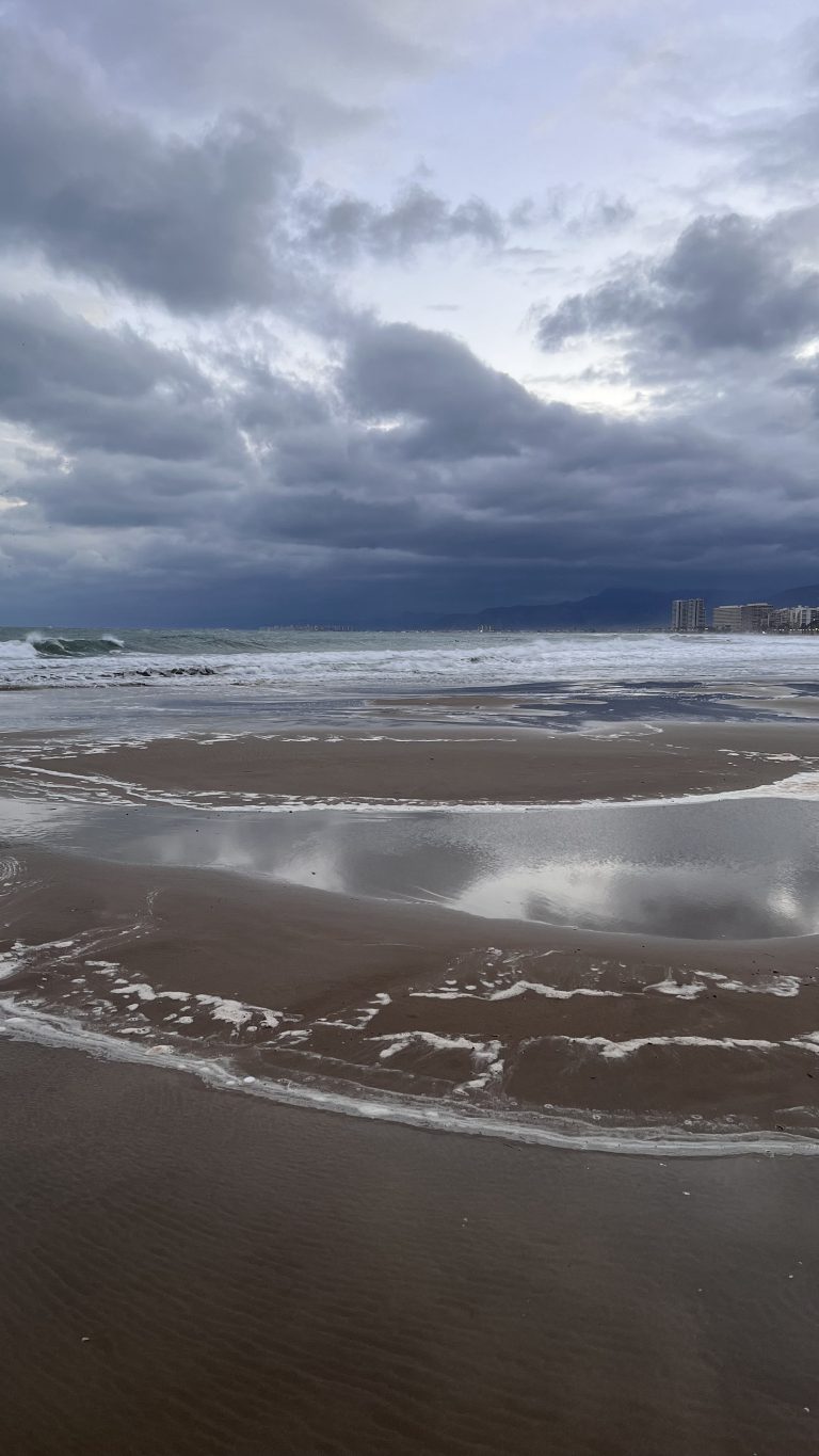 Heaven with clouds and earth with water, beach.