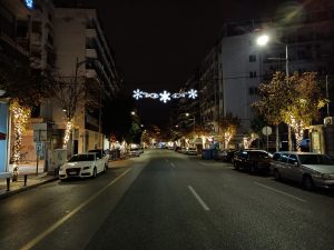 Vasilissis Olgas Avenue at night. Thessaloniki, Greece
