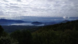 Panoramic view of lake Orestiada in Kastoria, on a cloudy morning
