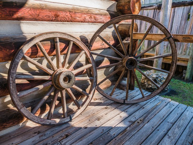 Old wagon wheels in Ft. Christmas historic home.