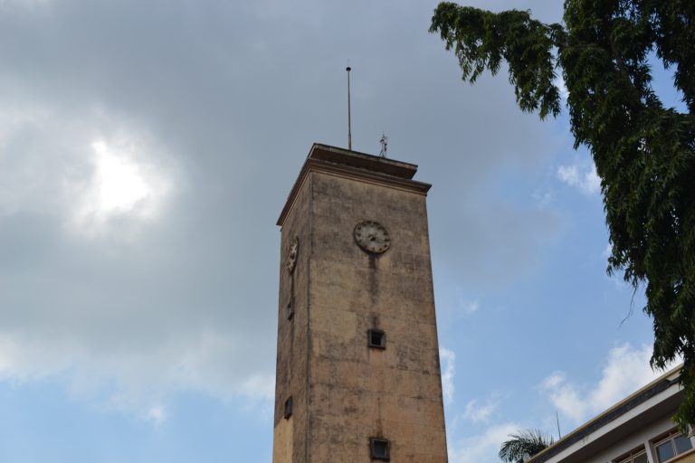 Clock tower on top of Jinja City Council hall, Jinja a town in Eastern Uganda, East Africa