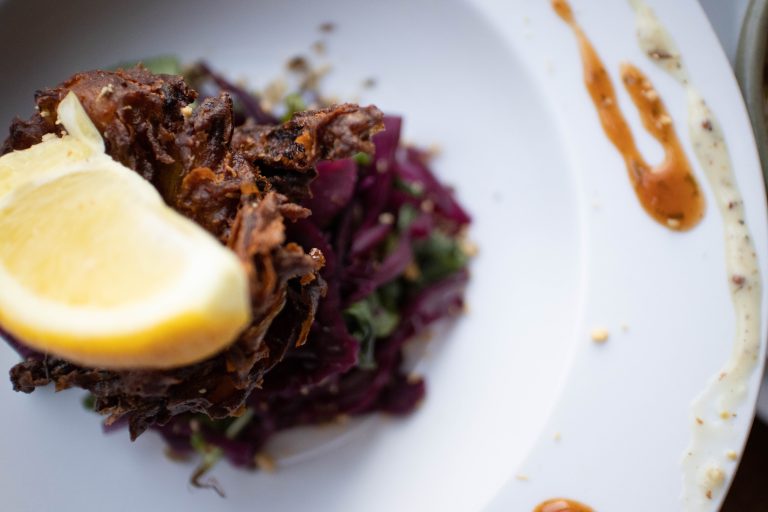 Yorkshire Tapas pub food – Pulled pork with red onions and crispy white onions.