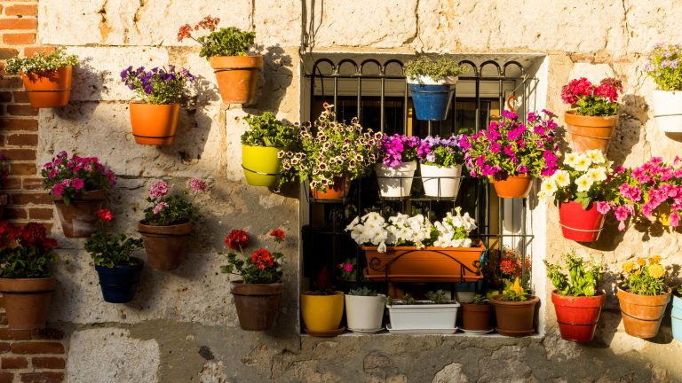 Pots with coloured flowers on the fa?ade of a stone house in Andalusia, spain