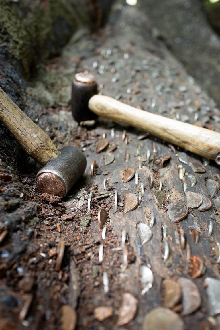 Coins hammered in wood with the hammers that are used next to them.