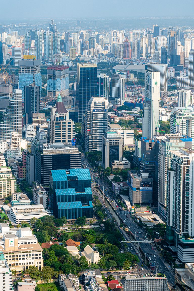 Aerial view of Bangkok city streets and traffic in the daytime