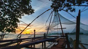 Chinese fishing net with the background of sunset in Kochi