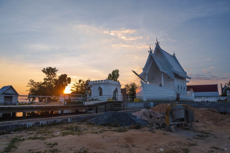 a temple at sunset