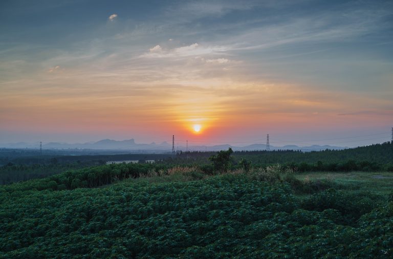 Sunset over green fields and mountains in the distance.