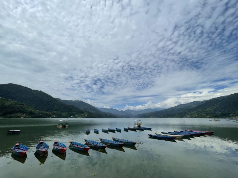 Morning view of Phewa Lake, Pokhara, Nepal.