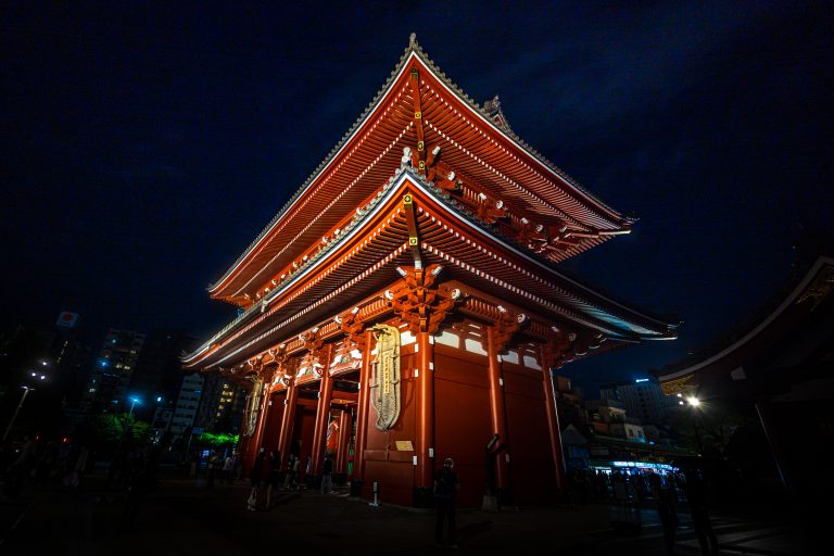 Asakusa Temple in Tokyo is a famous Japanese temple. The traditional architecture show a magical ambiance at night.