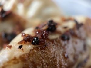 Sesame sauce on a pan fried pot sticker