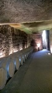 Botti di vino in cantina di invecchiamento