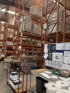 Warehousing environment storing, picking and packaging.