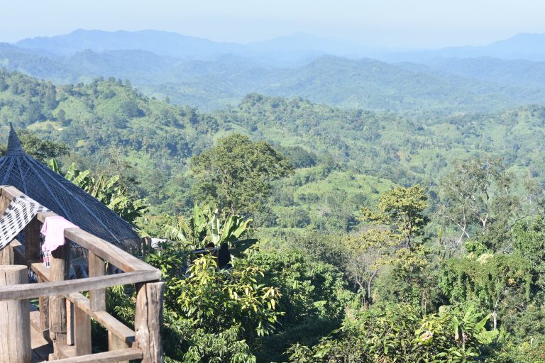 At Sajek, Bangladesh, a long distance view over the forest to rolling hills.? In the left side of the frame we can see a bit of deck, like someone might stand on to observe.