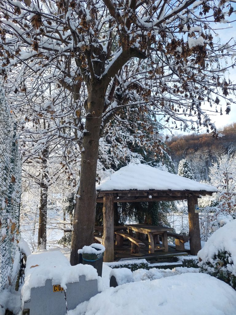 snow, table, table with benches, mountain