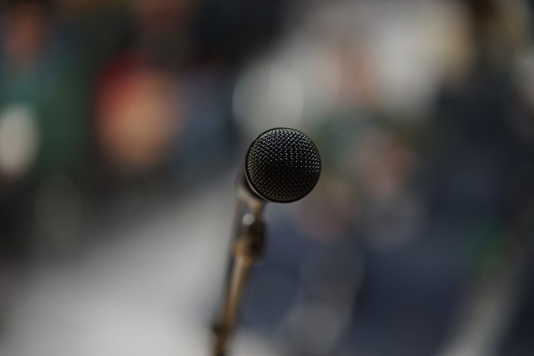 Speaker microphone at a WordCamp tags: microphone, speaker, blur, bokeh, WordCamp