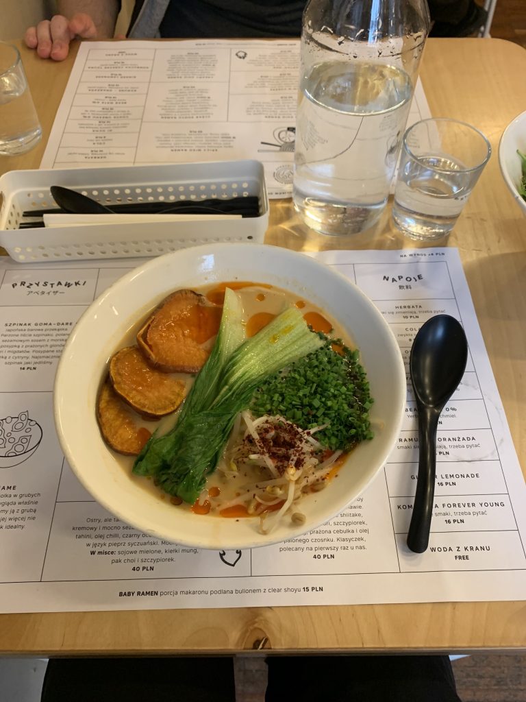 Vegan spice miso ramen with baked sweet potato, blanched bok choy, mung bean sprouts, chives and chilli threads.