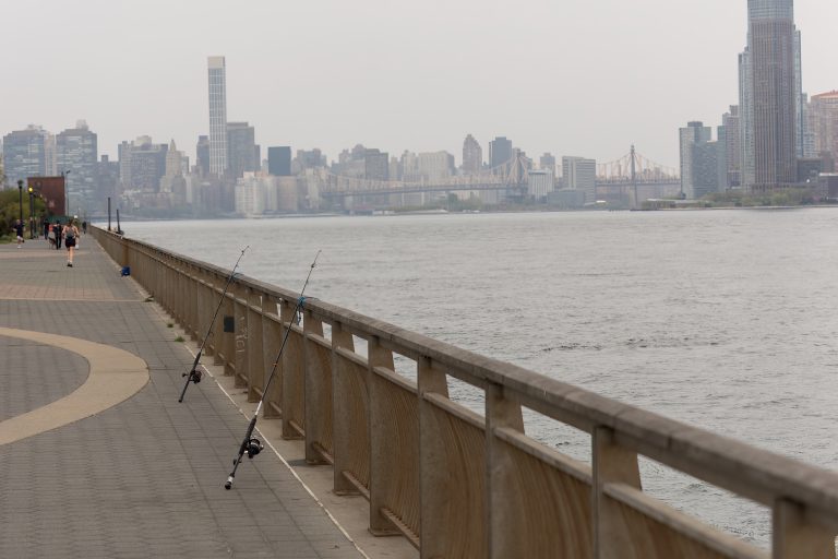 Two fishing poles sitting againgst the fence on the East River Promenade with the midtown skyline, queensboro bridge, and long island city in the background