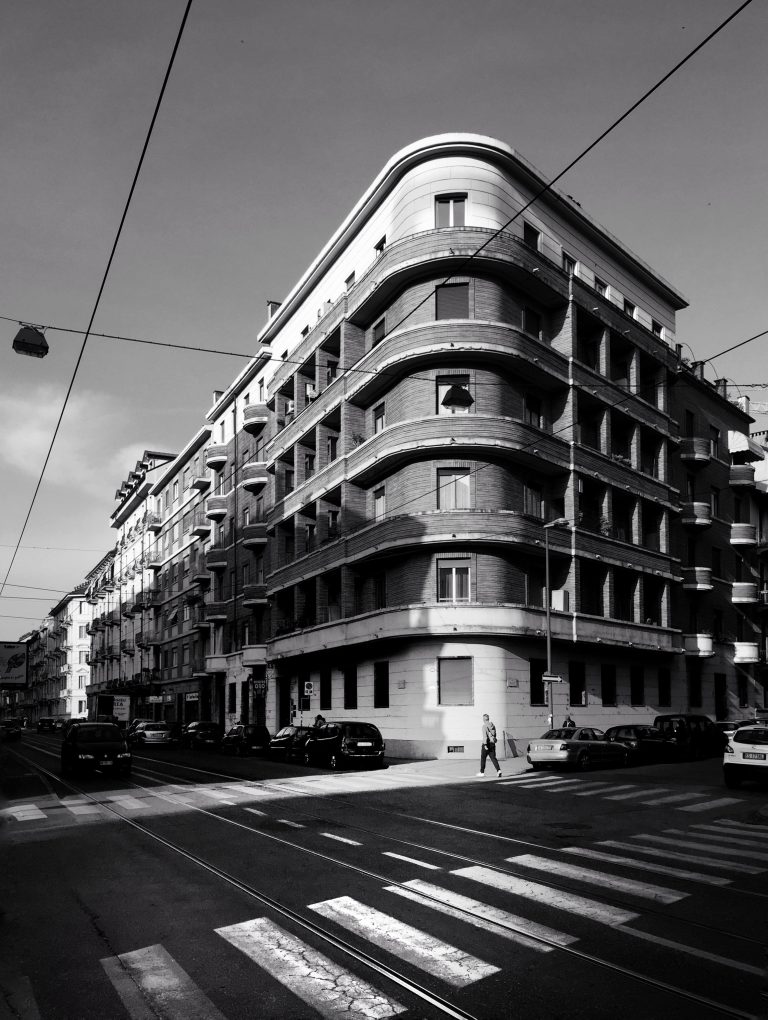 Black and White crossroad view on a Turin street between Via Dante Di Nanni and Via Valdieri