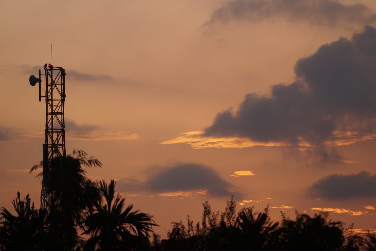 Twilight sky gracefully paints a majestic tower while a solitary bird perches atop.