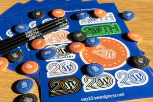 WP20 Swags for Meetups celebrating 20th Anniversary of WordPress. Includes stickers, pencil and 3 color variations of Pinback Buttons.

