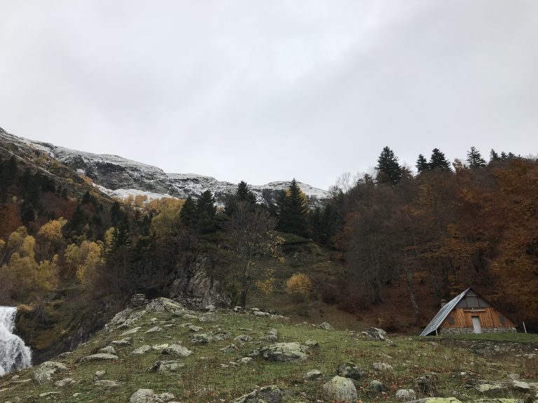 A wooden cabin in the mountain in winter